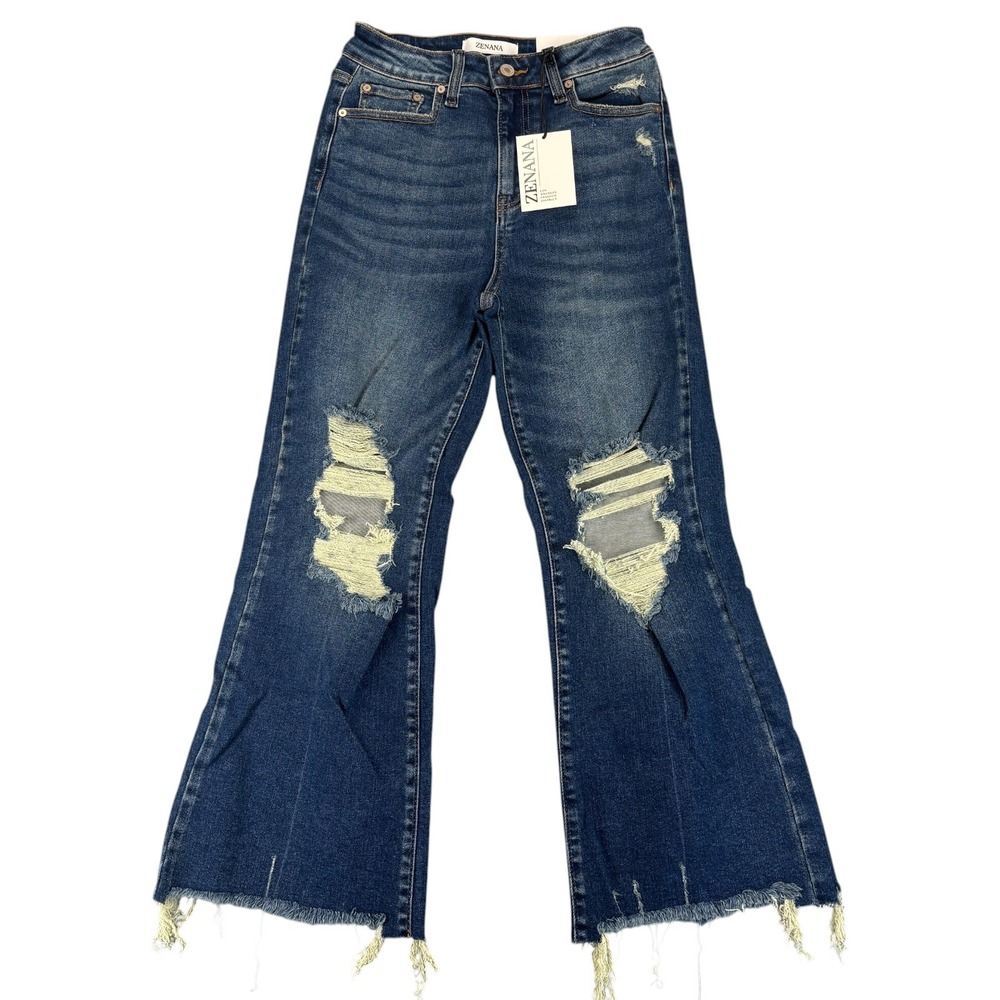 Zenana Brooklyn Womens 27 Distressed Cropped Flare Raw Hem Stretch Jeans NWT Y2K